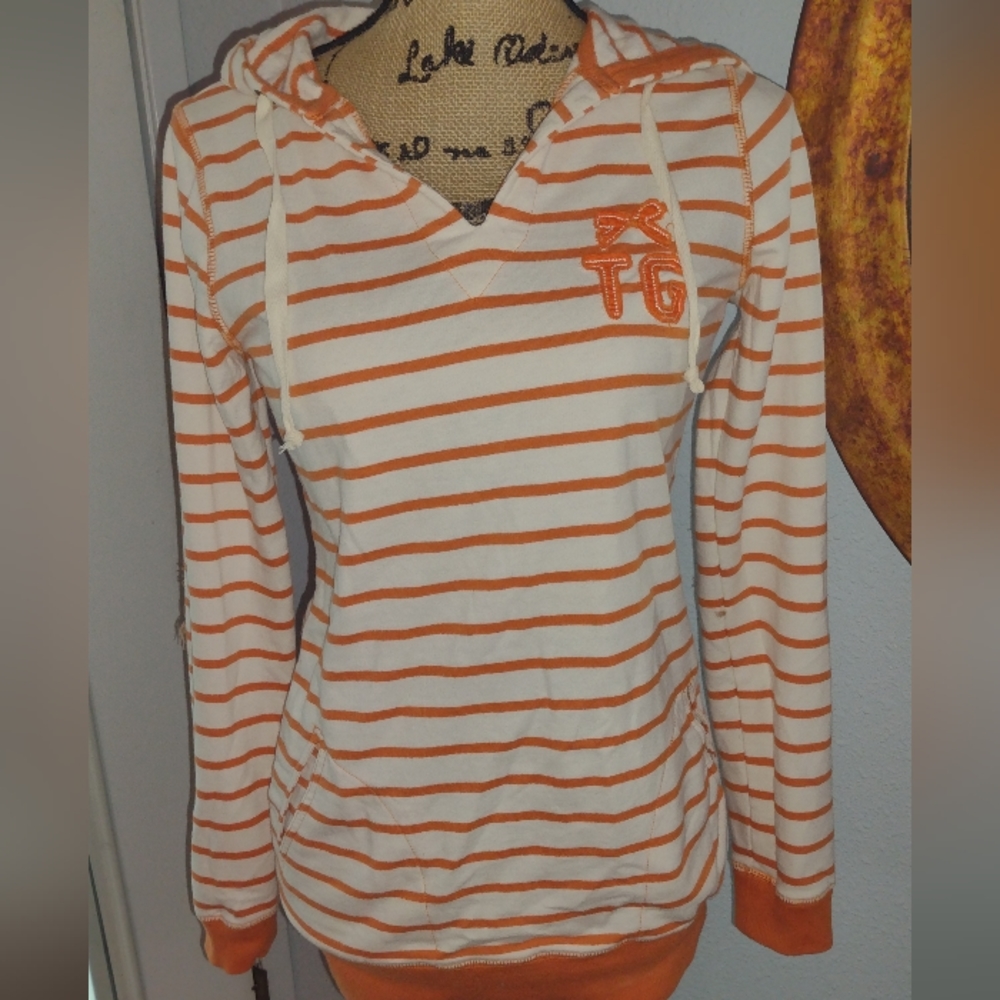 Tommy Girl vintage 90s orange striped hoodie with two pockets patchwork elbows
